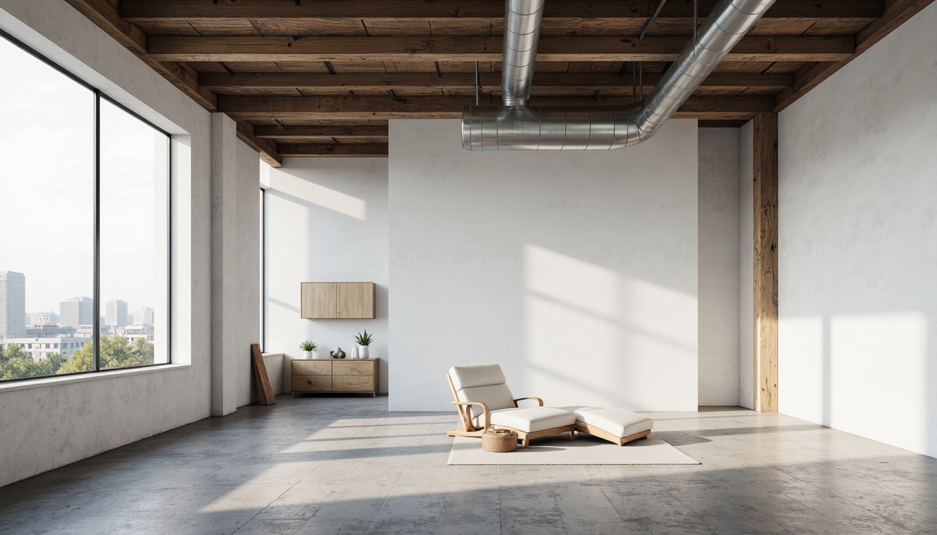 Prompt: Simple white walls, clean lines, minimal ornamentation, industrial steel beams, exposed ductwork, polished concrete floors, sleek wooden accents, geometric shapes, natural light pouring, airy open spaces, functional simplicity, brutalist architecture, urban loft atmosphere, distressed textures, moody shadows, cinematic lighting, shallow depth of field, 2/3 composition, realistic renderings.