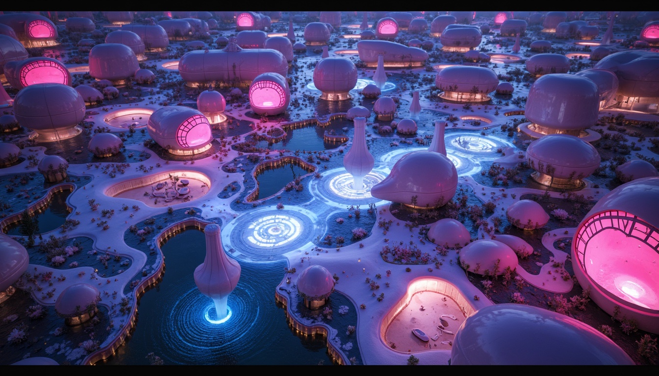 Prompt: Organic blob-shaped buildings, futuristic architecture, iridescent colors, glossy surfaces, undulating curves, amoeba-inspired forms, parametric design, algorithmic structures, 3D printed components, translucent materials, LED lighting installations, dynamic shadows, surreal ambiance, abstract patterns, biomimetic elements, avant-garde style, experimental layouts, curved lines, futuristic cityscape, cyberpunk atmosphere, high-contrast lighting, shallow depth of field, 1/1 composition, panoramic view.