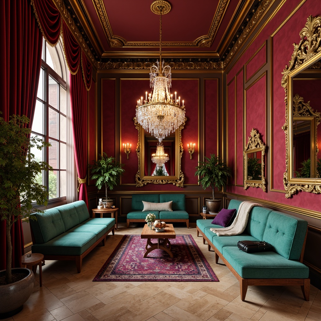 Prompt: Rich velvet drapes, ornate golden frames, lavish crystal chandeliers, intricately carved wooden panels, bold red walls, luxurious emerald green upholstery, opulent turquoise accents, regal purple tapestries, warm beige marble floors, dramatic high ceilings, soft candlelight, 3/4 composition, shallow depth of field, realistic textures, ambient occlusion.