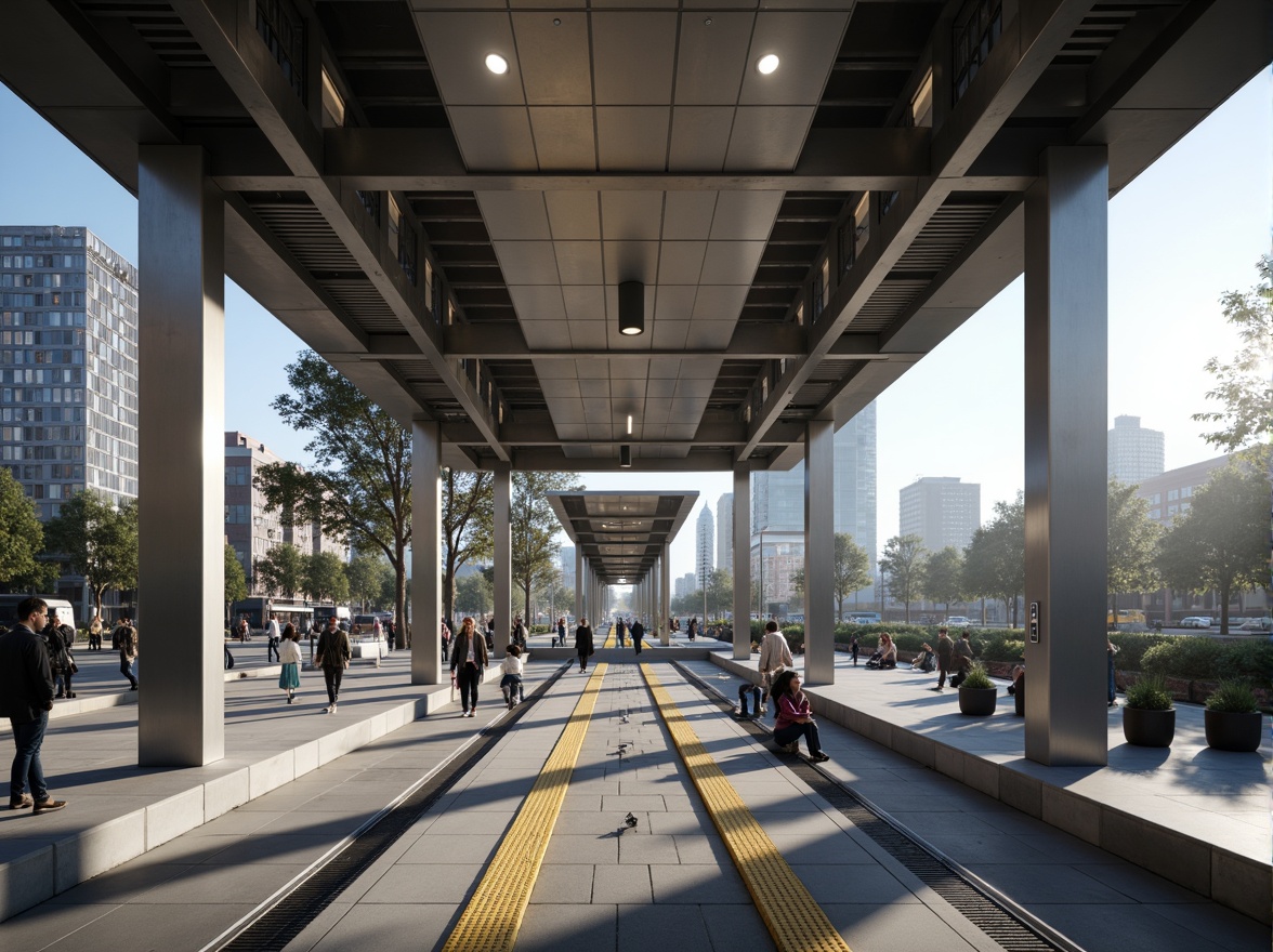 Prompt: Modern tram station, sleek metal structures, polished stainless steel columns, brushed aluminum ceilings, industrial-chic lighting fixtures, urban cityscape, morning commute, soft natural light, shallow depth of field, 1/1 composition, panoramic view, realistic reflections, ambient occlusion.