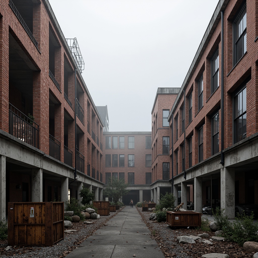 Prompt: Rugged industrial landscape, exposed brick buildings, distressed metal facades, concrete foundations, weathered wooden crates, rusted machinery, urban decay, gritty textures, bold geometric shapes, monochromatic color palette, high-contrast lighting, dramatic shadows, 1-point perspective, symmetrical composition, abstract forms, brutalist architecture, functional minimalism, raw materiality, utilitarian aesthetic, atmospheric fog, misty ambiance, soft focus effect.