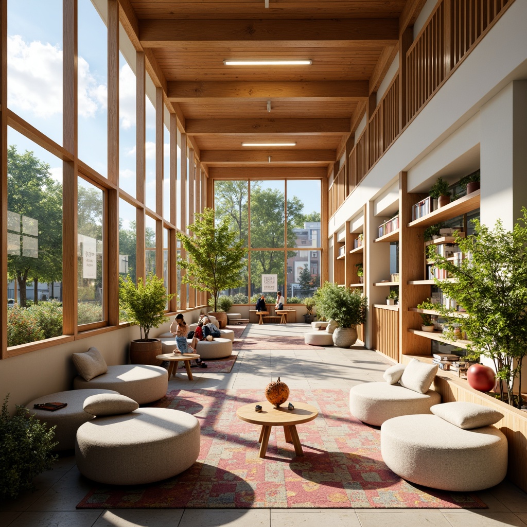 Prompt: Vibrant school interior, large windows, natural light pouring in, wooden frames, subtle metal accents, educational posters, green plants, cozy reading nooks, soft cushions, minimalist desks, ergonomic chairs, collaborative learning spaces, open shelves, colorful rugs, warm beige walls, inviting atmosphere, softbox lighting, shallow depth of field, 1/1 composition, realistic textures, ambient occlusion.