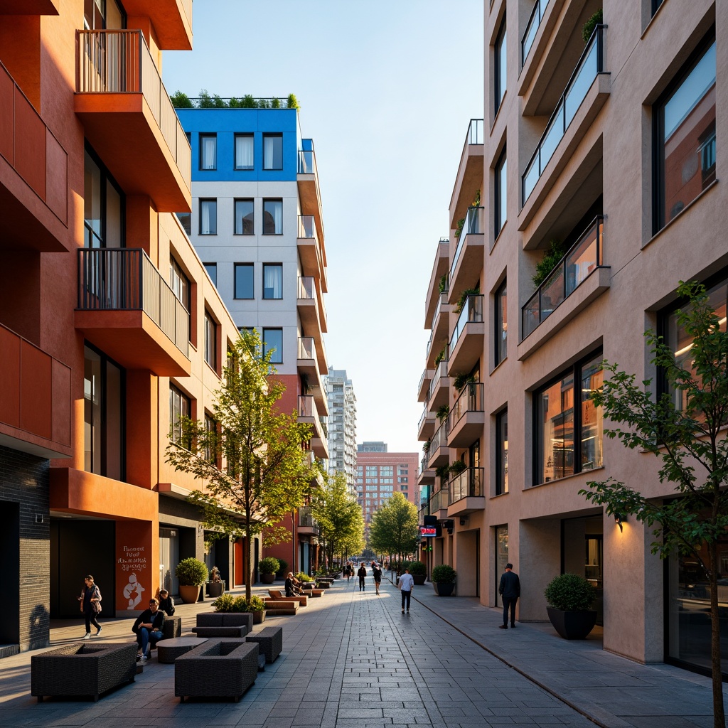 Prompt: Vibrant cityscape, modern urban architecture, bold color blocking, contrasting textures, geometric shapes, dynamic lighting effects, warm golden hues, cool blue tones, neutral beige backgrounds, accent walls, decorative murals, graffiti art, urban furniture, pedestrian pathways, bustling streets, morning sunlight, soft focus, 1/1 composition, atmospheric perspective, realistic reflections.