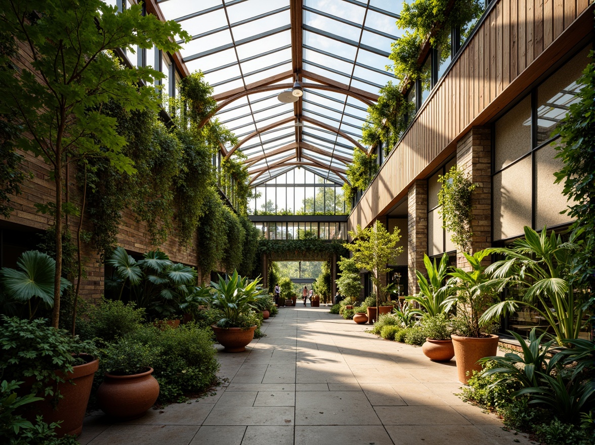 Prompt: Vibrant botanical greenhouse, lush tropical plants, warm natural lighting, wooden trellises, rustic stone walls, earthy tone color palette, moss-covered terracotta pots, reclaimed wood accents, living green walls, modern academic architecture, floor-to-ceiling glass windows, steel beams, exposed ductwork, industrial chic aesthetic, soft warm glow, 1/1 composition, realistic textures, ambient occlusion.