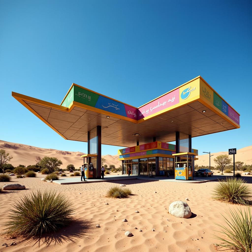 Prompt: Vibrant gas station, desert landscape, sandy dunes, cactus plants, hot sunny day, clear blue sky, bold colorful signage, neon lights, retro-futuristic architecture, sleek metal canopies, angular lines, minimalist design, sustainable energy solutions, solar panels, wind turbines, water conservation systems, green roofs, eco-friendly materials, innovative cooling technologies, shaded outdoor spaces, misting systems, Arabic-inspired patterns, vibrant colorful textiles, intricate geometric motifs, dynamic lighting effects, warm sunset colors, rustic desert textures.