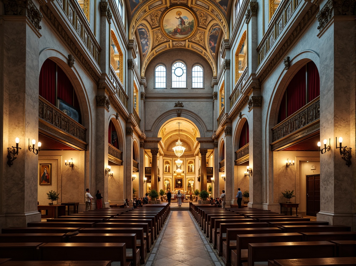 Prompt: Intricate stone carvings, ornate gold accents, grand high ceilings, majestic arches, stunning mosaics, vibrant frescoes, serene prayer halls, elegant wooden pews, sacred altars, beautiful iconostases, rich velvet drapes, lavish chandeliers, warm candlelight, atmospheric misting, soft diffused lighting, 1/1 composition, symmetrical framing, realistic textures, ambient occlusion.