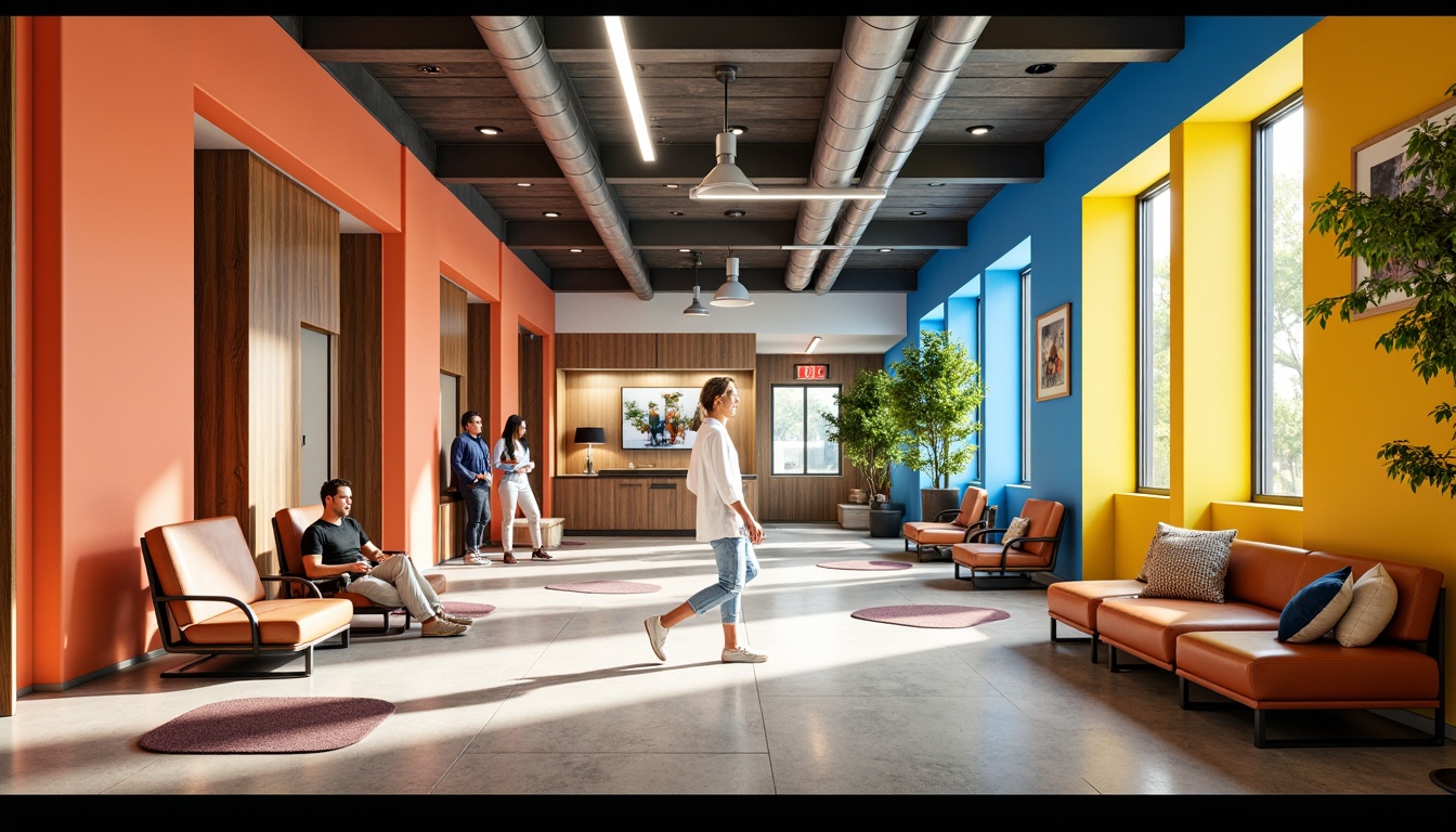 Prompt: Vibrant student halls, bold yellow accents, deep blue tones, energetic orange hues, pastel pink walls, modern minimalist furniture, sleek metal frames, reclaimed wood textures, industrial chic decor, cozy common areas, eclectic art pieces, natural light pouring in, airy open spaces, comfortable seating nooks, warm atmospheric lighting, shallow depth of field, 1/2 composition, realistic renderings.