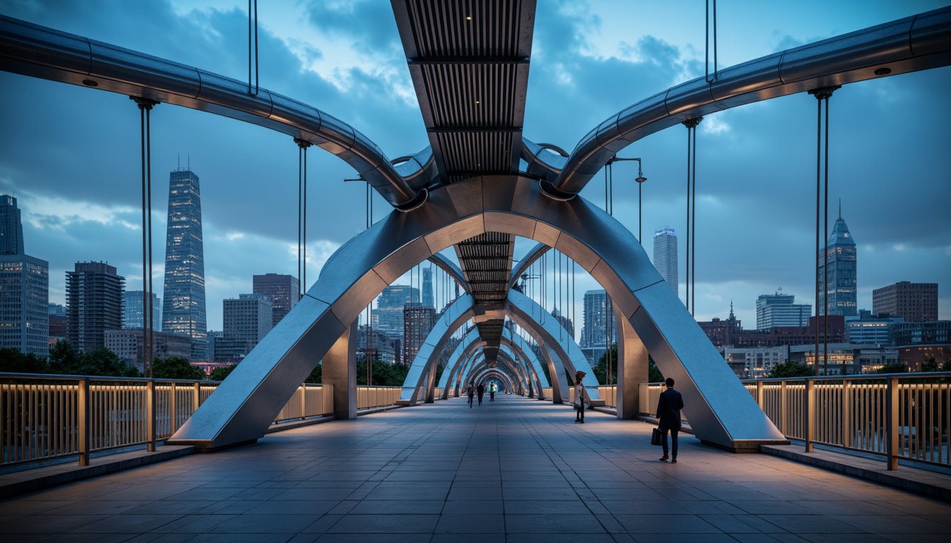 Prompt: Sleek modern bridge, metallic silver structures, bold cantilevered design, vibrant LED lighting, urban cityscape, misty atmospheric effects, shallow depth of field, 1/2 composition, low-angle shot, cool blue and grey color palette, industrial materials, exposed steel beams, polished concrete surfaces, geometric patterns, asymmetrical shapes, functional minimalism, innovative engineering solutions, dynamic urban skyline, soft warm glow, realistic reflections.