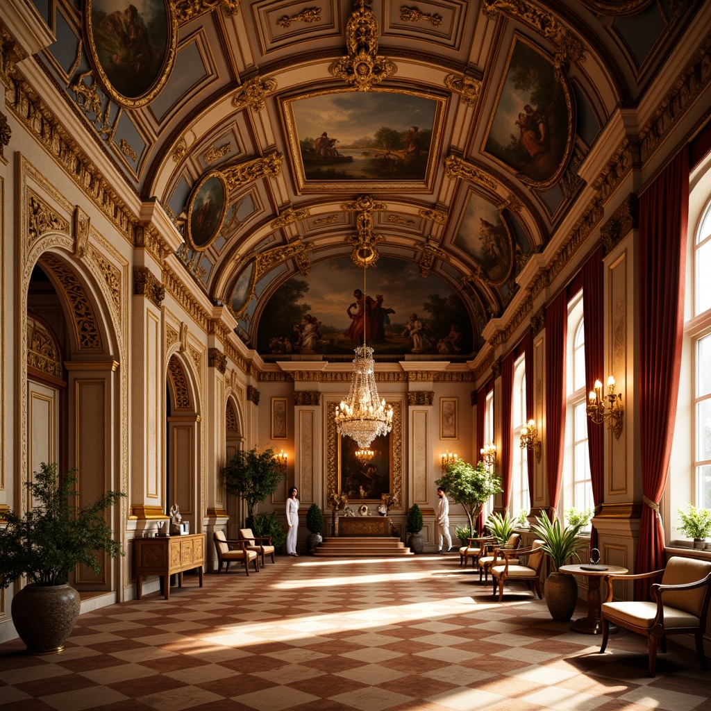 Prompt: Warm sienna-toned palace, ornate baroque architecture, grandiose frescoes, intricate stucco details, lavish gold accents, rich velvet drapes, regal throne rooms, opulent chandeliers, dramatic arched windows, soft warm lighting, 3/4 composition, shallow depth of field, realistic textures, ambient occlusion.