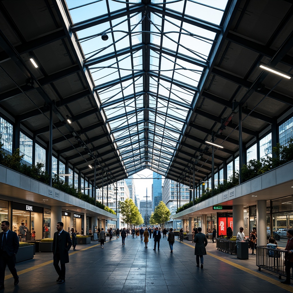 Prompt: Modern train station, sleek metal framework, minimalist architecture, large glass windows, cantilevered roofs, open floor plans, functional layouts, industrial materials, exposed ductwork, concrete floors, steel beams, angular lines, rectangular shapes, neon signage, urban landscape, busy streets, cityscape views, natural light pouring in, high contrast lighting, shallow depth of field, 1/1 composition, realistic textures, ambient occlusion.