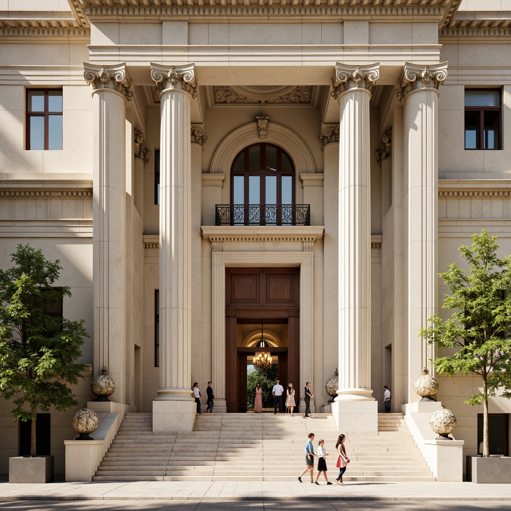 Prompt: Grand museum entrance, imposing stone columns, ornate carvings, symmetrical facade, neoclassical architecture style, creamy white marble, subtle rustication, ornamental balconies, grand staircase, high ceilings, elegant chandeliers, sophisticated lighting, warm beige tones, refined details, classical proportions, monumental scale, urban cityscape, sunny day, soft natural light, shallow depth of field, 1/2 composition, realistic textures, ambient occlusion.