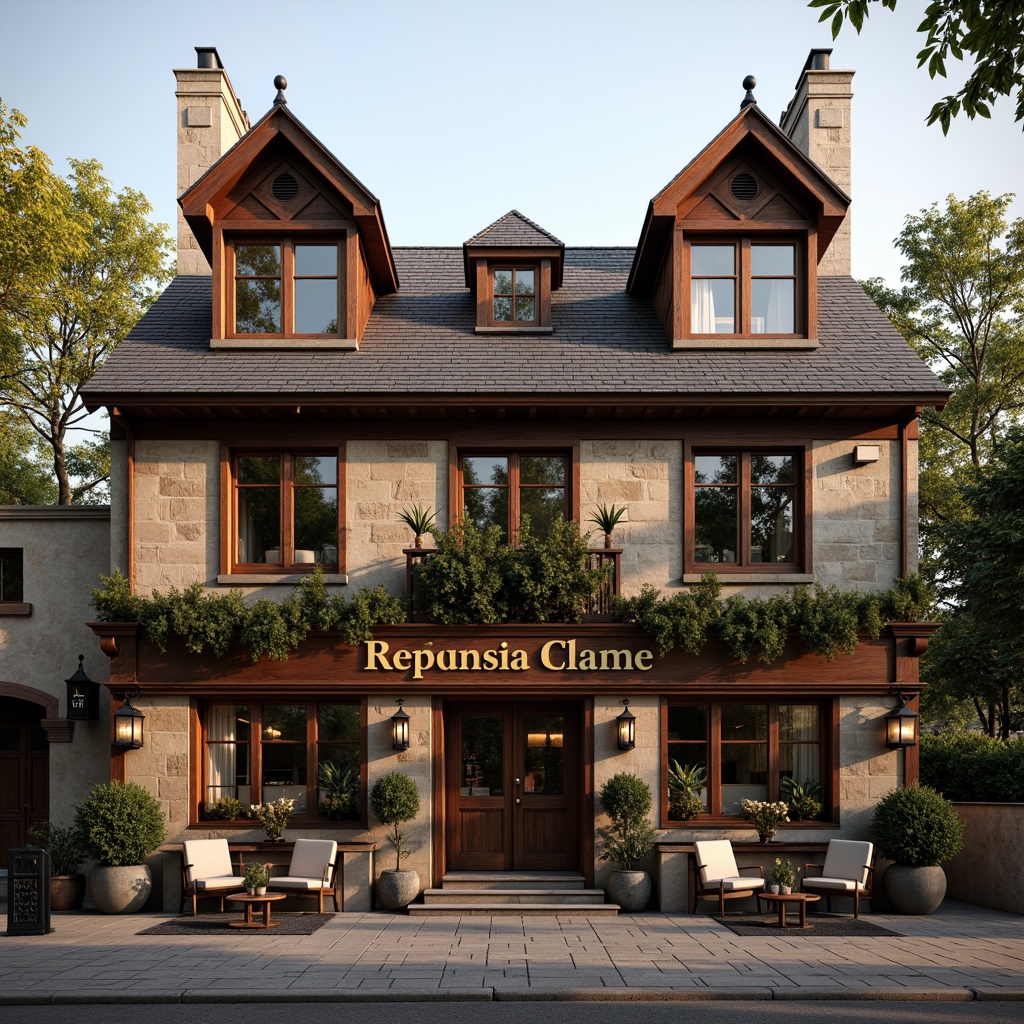 Prompt: Rustic pub facade, traditional regionalism style, earthy tones, wooden accents, stone walls, steeply pitched roofs, ornate chimneys, cozy outdoor seating, lantern-style lighting, natural textiles, warm color palette, soft afternoon sun, shallow depth of field, 2/3 composition, realistic textures, ambient occlusion.