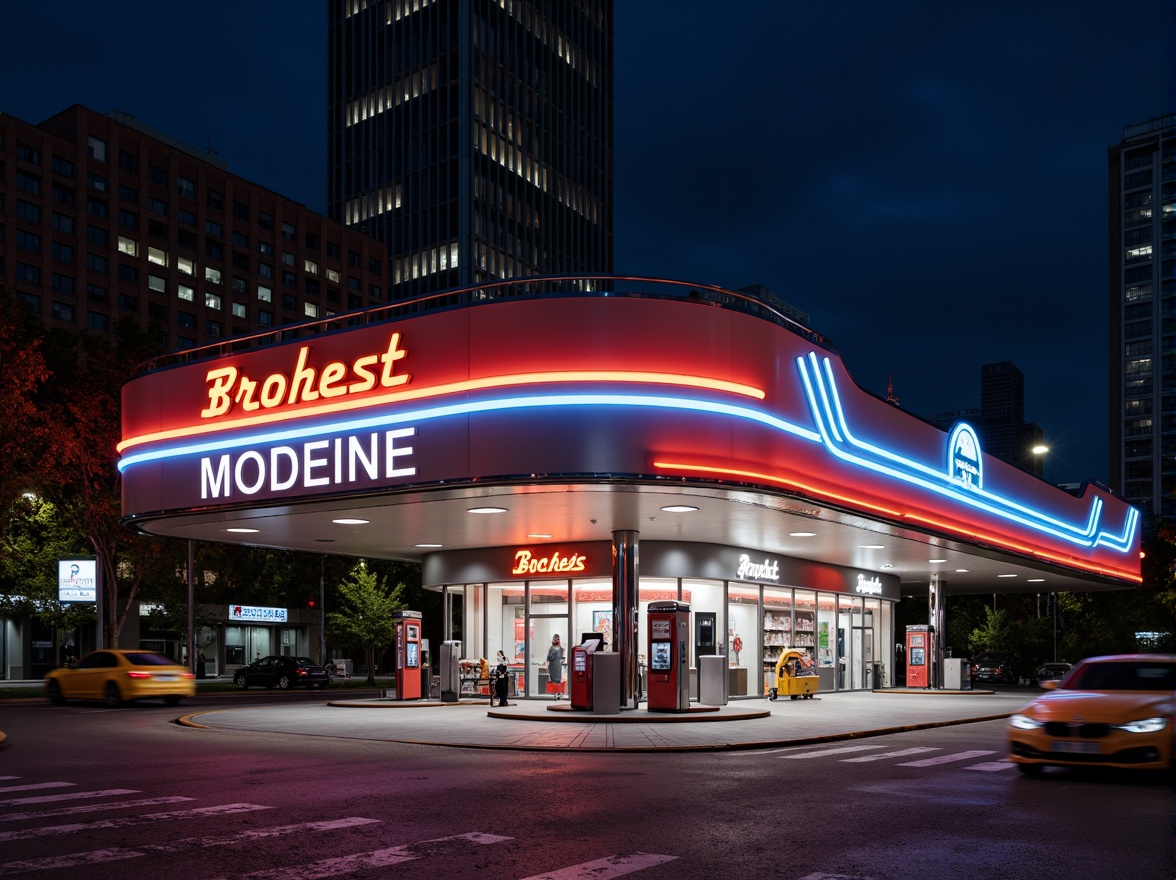 Prompt: Curved streamline moderne gas station, retro-futuristic signage, neon lights, bold typography, geometric shapes, metallic materials, polished chrome accents, sleek lines, minimalist aesthetic, urban cityscape, nighttime ambiance, softbox lighting, shallow depth of field, 2/3 composition, realistic reflections, ambient occlusion.