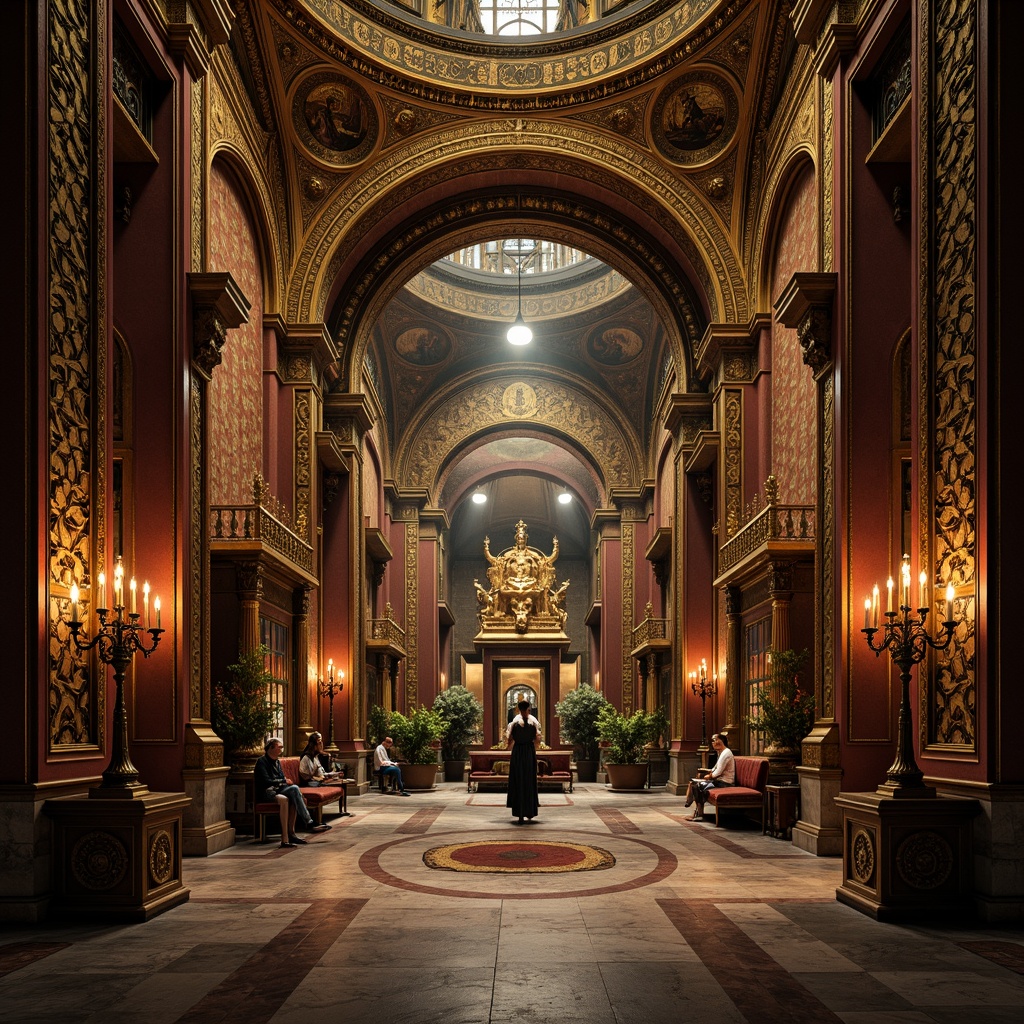 Prompt: Intricate Byzantine patterns, ornate golden details, majestic arches, grand domed ceilings, lavish marble floors, rich tapestries, opulent furnishings, regal thrones, mystical icons, warm candlelight, soft shadows, 3/4 composition, symmetrical balance, atmospheric perspective, high-contrast lighting, mysterious ambiance, solemn silence, historic artifacts, ancient relics, mysterious passageways, secluded alcoves.