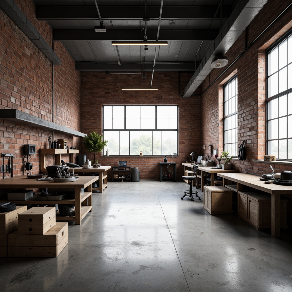 Prompt: Industrial workshop space, minimal decor, exposed brick walls, polished concrete floors, metal beams, large windows, natural lighting, soft diffused light, subtle shadows, clean lines, monochromatic color scheme, functional workbenches, metal tools, wooden crates, industrial equipment, modern machinery, organized storage systems, rustic textures, shallow depth of field, 1/1 composition, realistic rendering.