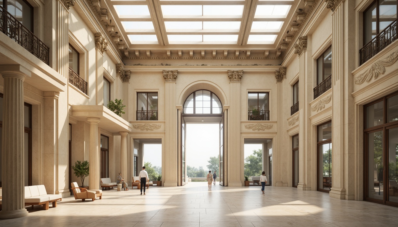 Prompt: Grand neoclassical facade, ornate stone carvings, symmetrical columns, elegant archways, large windows, glass skylights, high ceilings, cream-colored walls, polished marble floors, intricate moldings, soft warm lighting, indirect natural light, northern exposure, sheer curtains, minimalist furnishings, subtle color palette, ambient shadows, 1/1 composition, realistic textures, detailed architectural elements.