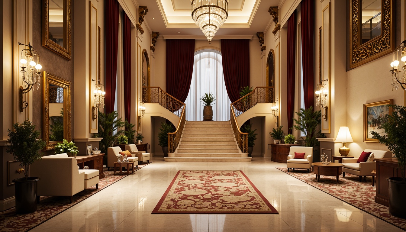 Prompt: Luxurious hotel lobby, intricately carved wooden panels, polished marble floors, ornate chandeliers, rich velvet drapes, gilded mirrors, ornamental plasterwork, stately columns, elegant archways, refined crystal fixtures, majestic stone staircases, opulent furnishings, subtle golden accents, sophisticated cream-colored walls, lavish patterned rugs, dramatic high ceilings, warm soft lighting, realistic reflections, shallow depth of field, 1/2 composition, atmospheric perspective.