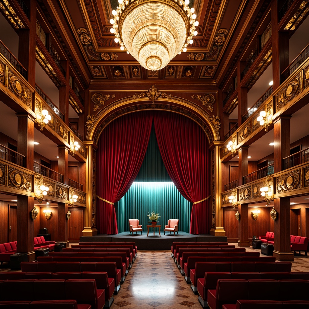 Prompt: Grand opera house interior, lavish red velvet curtains, golden ornate details, crystal chandeliers, marble floors, intricate moldings, rich wood paneling, plush seating areas, vibrant turquoise accents, bold crimson hues, opulent bronze fixtures, dramatic spotlights, soft warm glow, shallow depth of field, 1/2 composition, realistic textures, ambient occlusion.