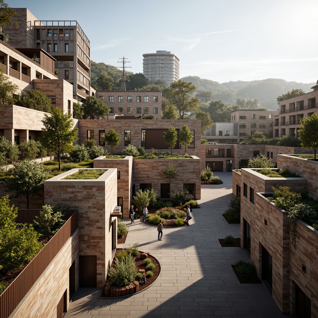 Prompt: Rustic community center, earthy tones, natural stone walls, wooden accents, vibrant green roofs, abstract geometric patterns, brutalist architecture, bold concrete structures, industrial metal frames, urban landscape, bustling streets, morning sunlight, soft warm lighting, shallow depth of field, 2/3 composition, cinematic view, realistic textures, ambient occlusion.