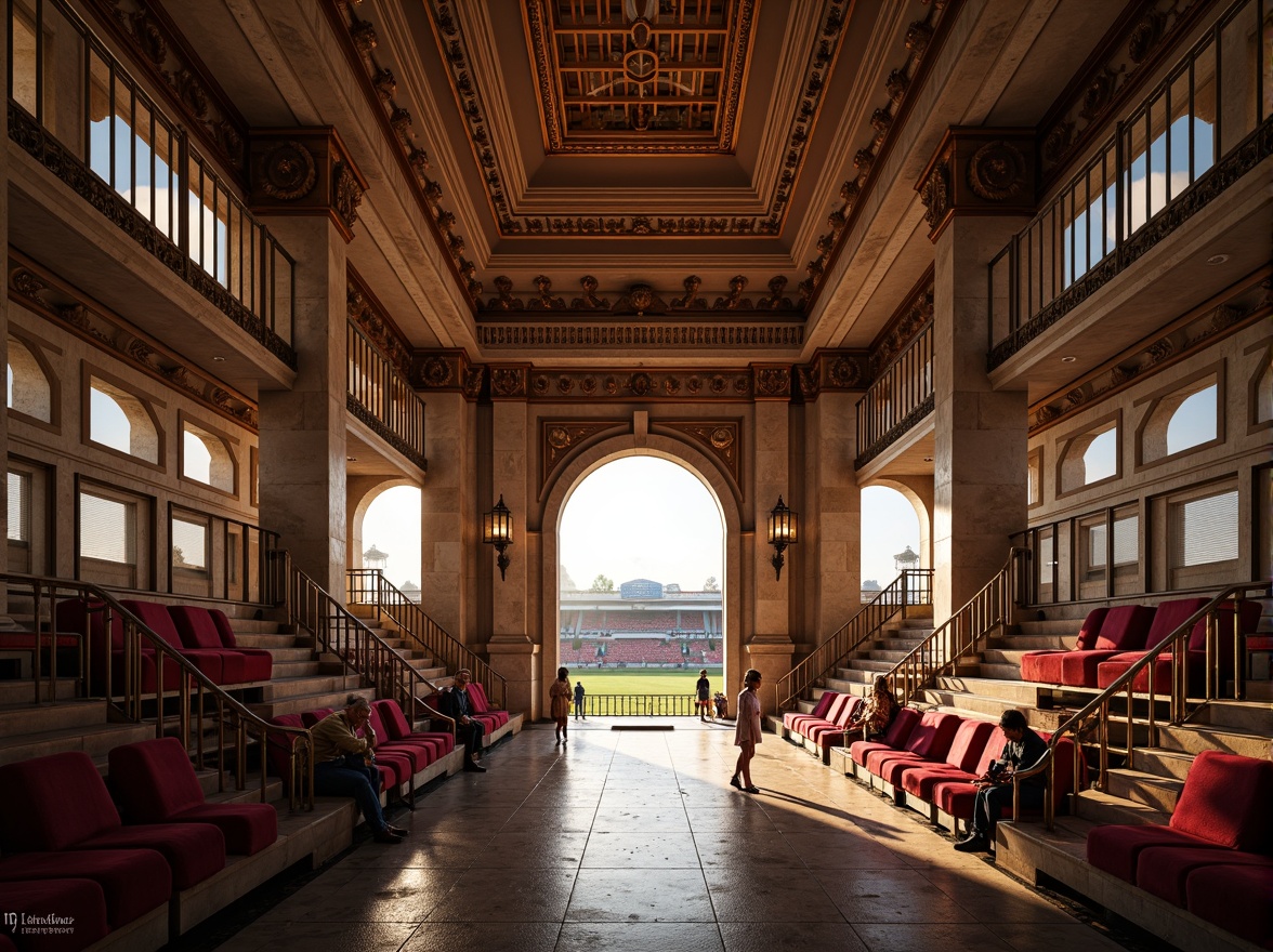 Prompt: Elegant classicism soccer stadium, marble columns, ornate arches, grand entrance gates, natural stone fa\u00e7ade, rustic brick walls, copper roofing, bronze accents, luxurious velvet seats, polished wooden floors, refined iron railings, intricate moldings, symmetrical composition, warm golden lighting, dramatic shadows, 1/2 perspective, realistic textures, ambient occlusion.