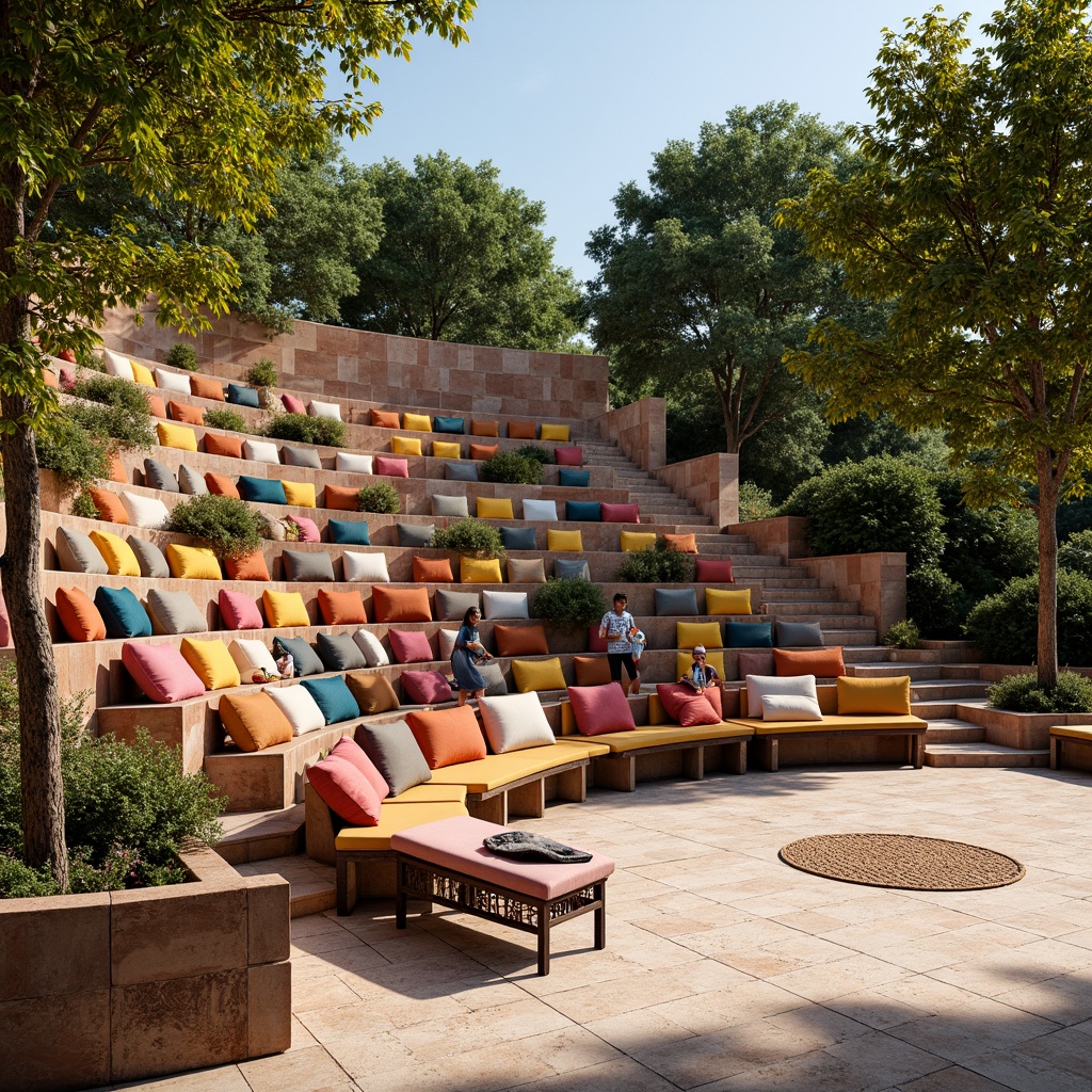 Prompt: Vibrant amphitheater, eclectic seating arrangement, colorful mismatched chairs, reclaimed wood benches, plush velvet cushions, industrial metal frames, woven wicker seats, Moroccan-inspired tiles, lush greenery surroundings, natural stone steps, warm sunny day, soft warm lighting, 3/4 composition, panoramic view, realistic textures, ambient occlusion.