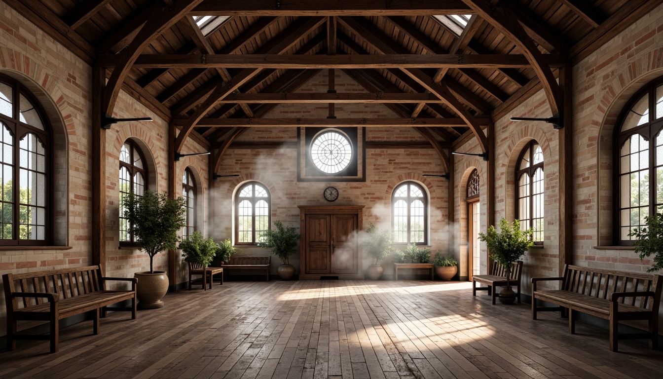 Prompt: Exposed truss ceiling, rustic wooden beams, industrial metal accents, vaulted arches, stained glass windows, grand high ceilings, open floor plan, reclaimed wood flooring, distressed brick walls, ornate ironwork, gothic-inspired architectural details, dramatic vertical space, warm soft lighting, atmospheric misting, 1/1 composition, realistic textures, ambient occlusion.