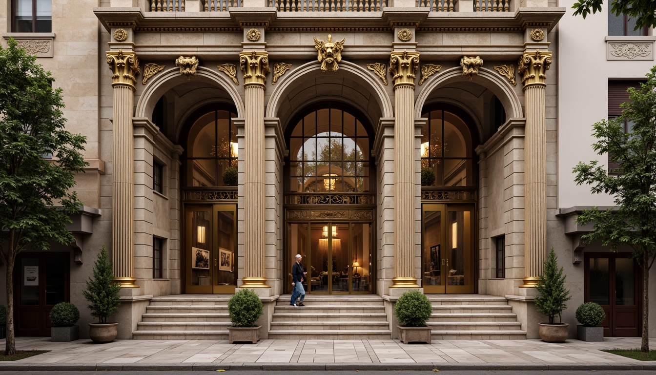 Prompt: Grandiose bank facade, ornate Renaissance details, symmetrical composition, rusticated stone walls, arched windows, intricately carved columns, ornamental pediments, gilded accents, luxurious marble textures, lavish decorations, classical proportions, imposing entrance, bronze doors, grand staircases, sweeping arches, dramatic lighting, warm golden hues, shallow depth of field, 1/2 composition, realistic rendering, ambient occlusion.