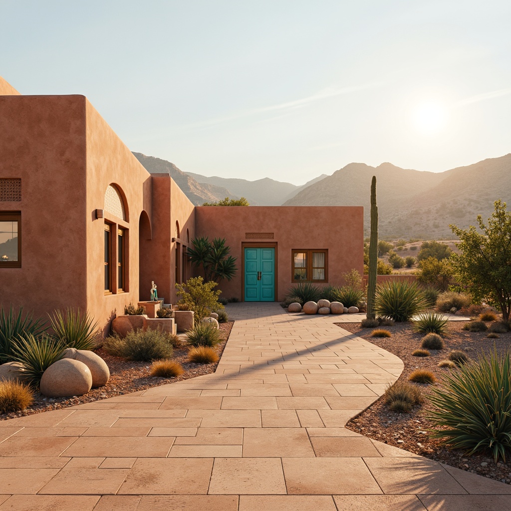 Prompt: Desert landscape, sandy dunes, cactus plants, warm golden light, soft pastel hues, earthy tones, terracotta buildings, rustic stone walls, arched windows, ornate wooden doors, vibrant turquoise accents, colorful ceramic tiles, geometric patterns, minimalist decor, natural textiles, woven baskets, ambient occlusion, shallow depth of field, 3/4 composition, panoramic view.