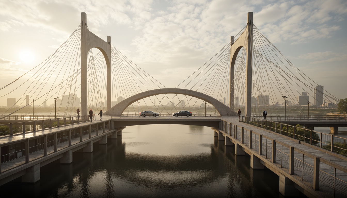 Prompt: Futuristic vehicular bridges, sleek metal arches, cable-stayed suspension, LED lighting systems, aerodynamic shapes, high-strength steel materials, cantilevered sections, angular geometries, urban cityscape, misty morning atmosphere, soft golden lighting, shallow depth of field, 3/4 composition, panoramic view, realistic reflections, ambient occlusion.