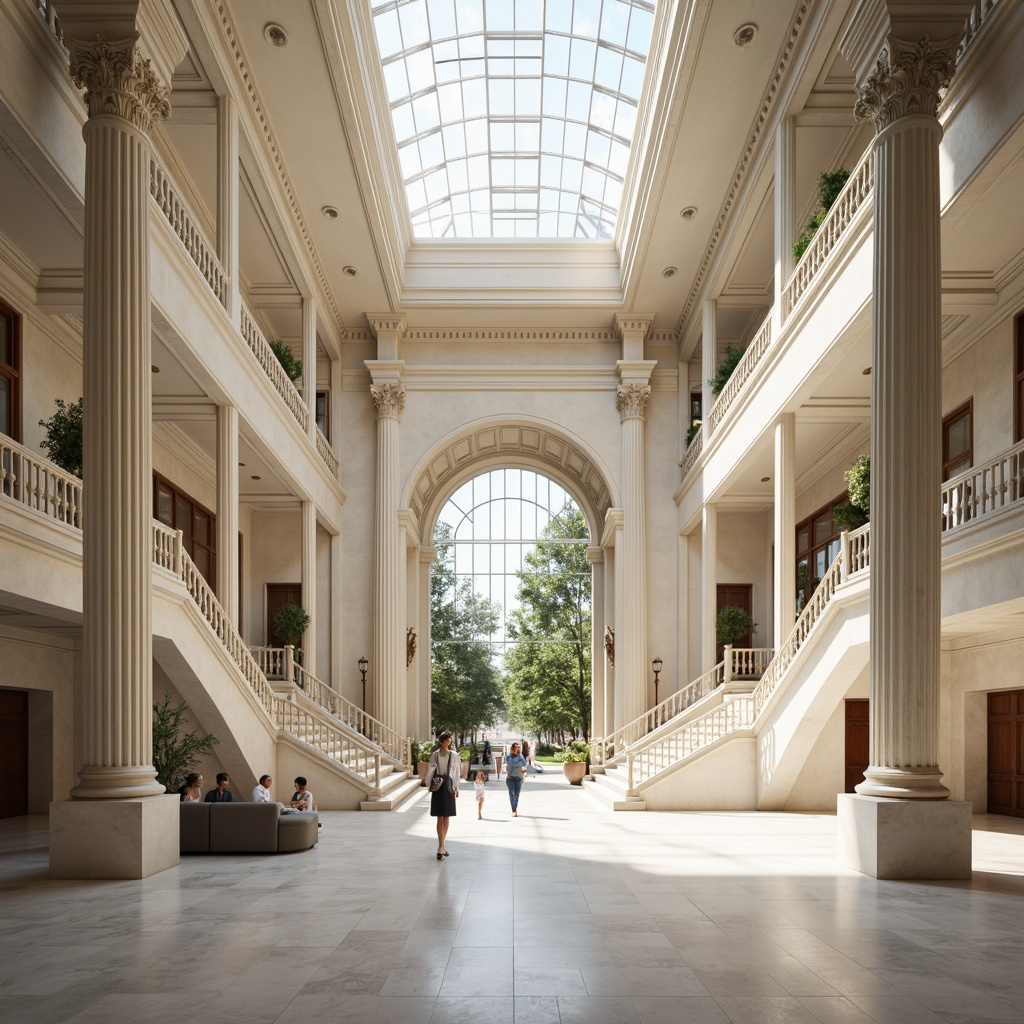 Prompt: Elegant neoclassical facade, ornate columns, grand entrance, sweeping staircases, high ceilings, large windows, glass skylights, white marble floors, intricate moldings, symmetrical compositions, natural stone walls, soft warm lighting, diffused sunlight, 1/1 composition, shallow depth of field, realistic textures, ambient occlusion, refined architectural details, subtle color palette, harmonious proportions.