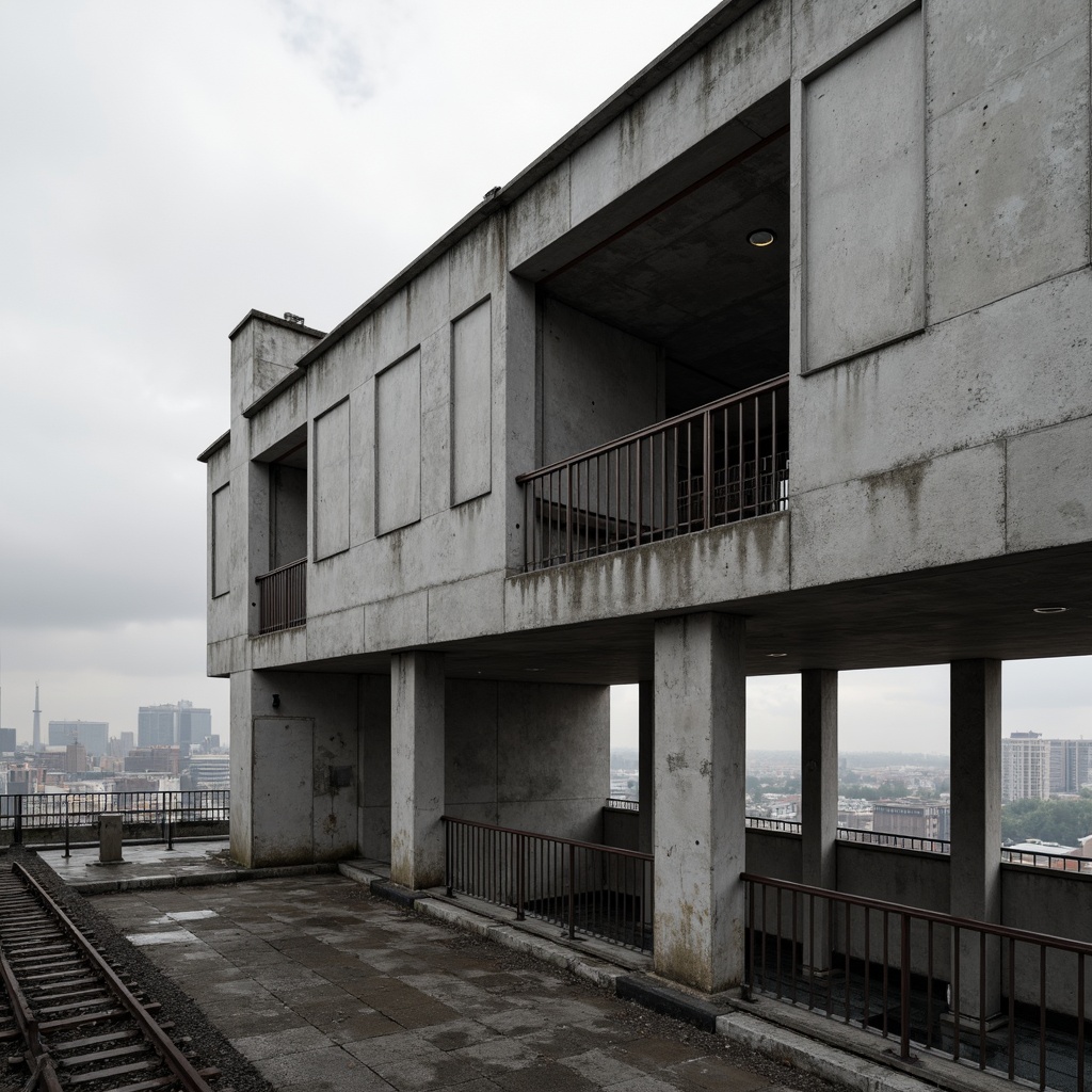 Prompt: Industrial concrete, exposed ductwork, steel beams, metal grids, brutalist fa\u00e7ades, raw unfinished surfaces, cantilevered structures, irregular shapes, bold geometric forms, functional simplicity, minimalist aesthetics, urban landscape integration, gritty cityscape views, cloudy grey skies, dramatic high-contrast lighting, deep shadows, abstract compositions, fragmented forms, dynamic visual tension.