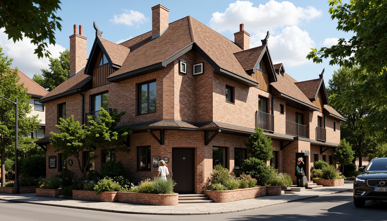 Prompt: Rustic pub exterior, regionalism architecture style, earthy tone brick walls, wooden accents, steeply pitched roof, charming dormer windows, ornate chimneys, vintage signage, lantern-style streetlights, cobblestone pavement, lush greenery, blooming flowers, warm sunny day, soft diffused lighting, 1/1 composition, intimate scale, cozy atmosphere, traditional ornaments, natural stone textures, earthy color palette.