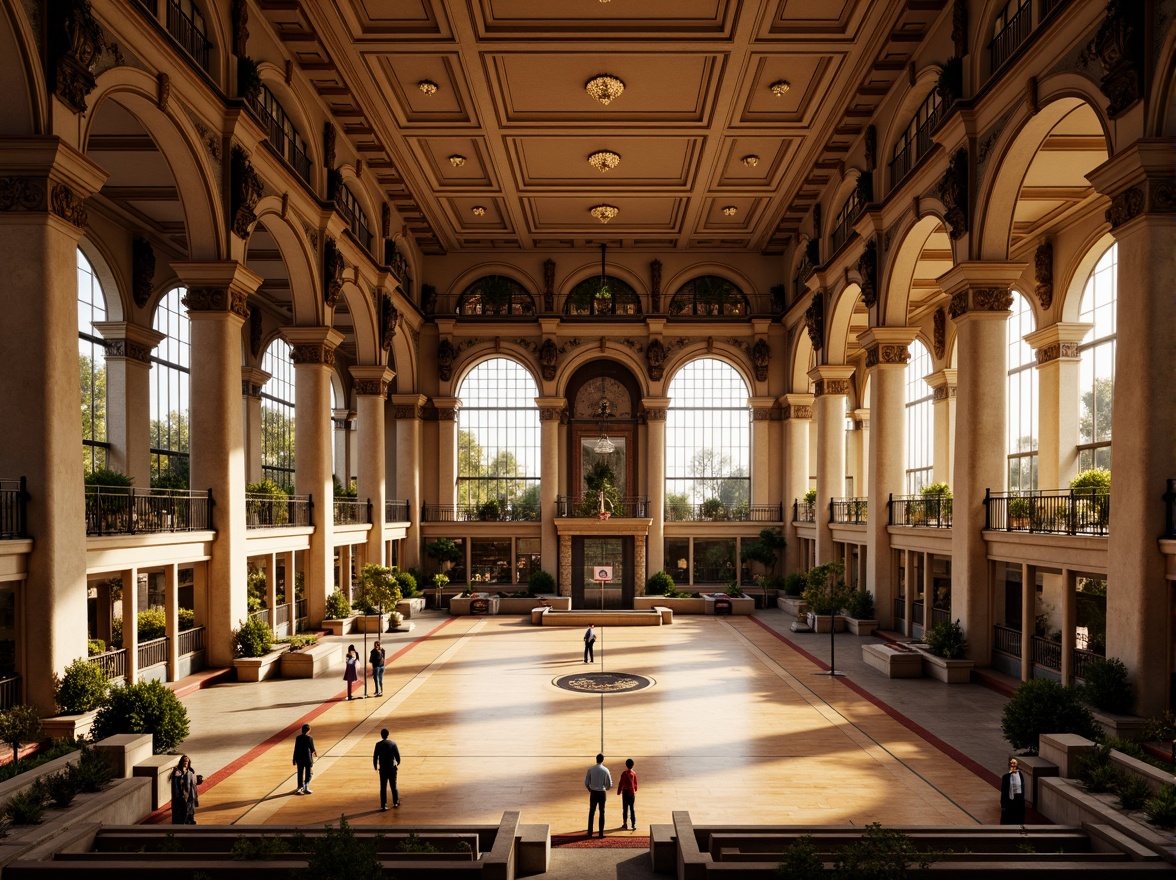 Prompt: Grand gymnasium, Renaissance-style architecture, ornate columns, carved capitals, intricate moldings, vaulted ceilings, natural stone walls, polished wooden floors, athletic equipment, basketball hoops, tennis courts, swimming pools, spectator seating areas, ornamental railings, decorative chandeliers, warm golden lighting, shallow depth of field, 1/1 composition, symmetrical framing, realistic textures, ambient occlusion.