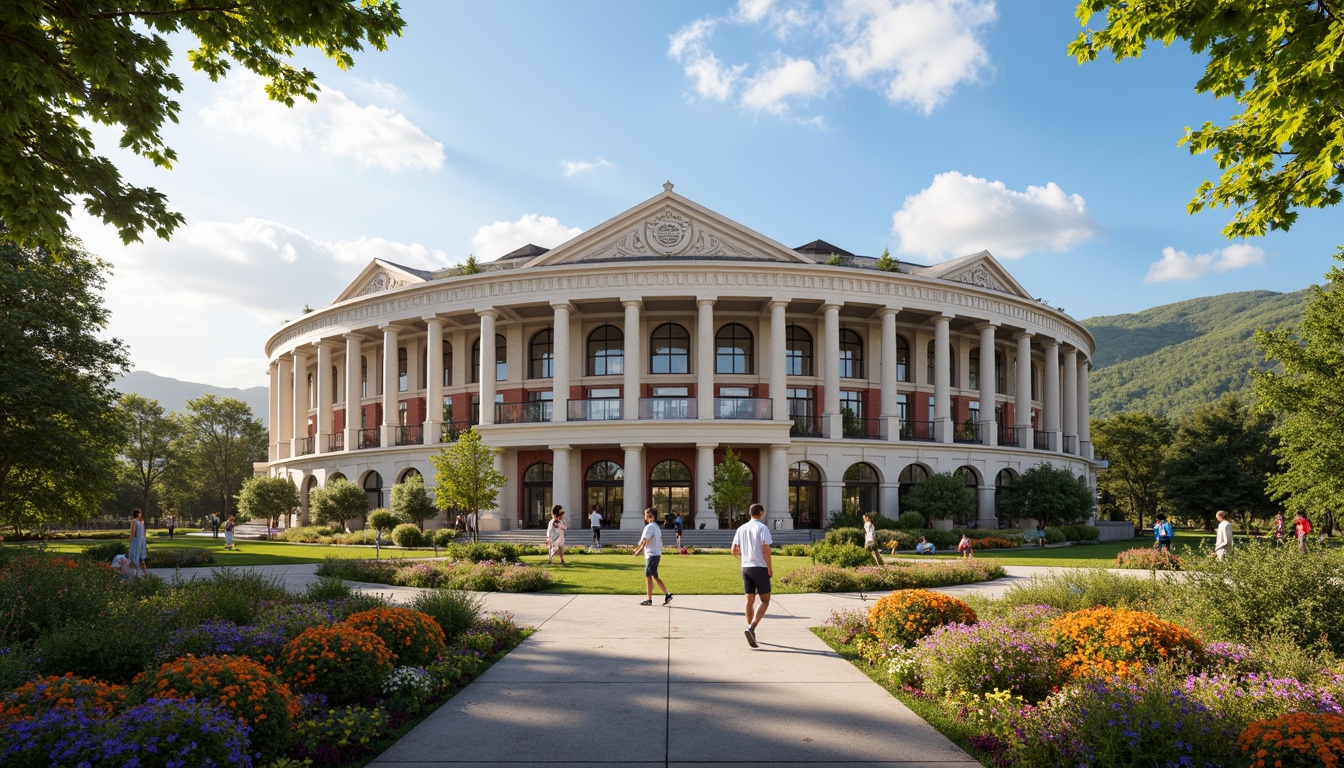 Prompt: Elegant soccer stadium, symmetrical fa\u00e7ade, ornate columns, arched windows, grand entrance, lush greenery, vibrant flowers, rolling hills, serene natural surroundings, sunny day, soft warm lighting, shallow depth of field, 3/4 composition, panoramic view, realistic textures, ambient occlusion, classicist architecture, neoclassical details, rusticated base, ornate cornices, pediments, grandiose scale, majestic atmosphere, vibrant team colors, lively crowd scenes.