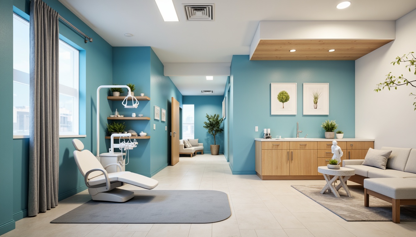 Prompt: Calming dental clinic interior, soothing color scheme, gentle blue tones, creamy whites, warm beige accents, natural wood textures, subtle patterns, minimalist decor, sterile equipment, sleek metal surfaces, modern lighting fixtures, soft ambient glow, shallow depth of field, 1/2 composition, realistic reflections, ambient occlusion.