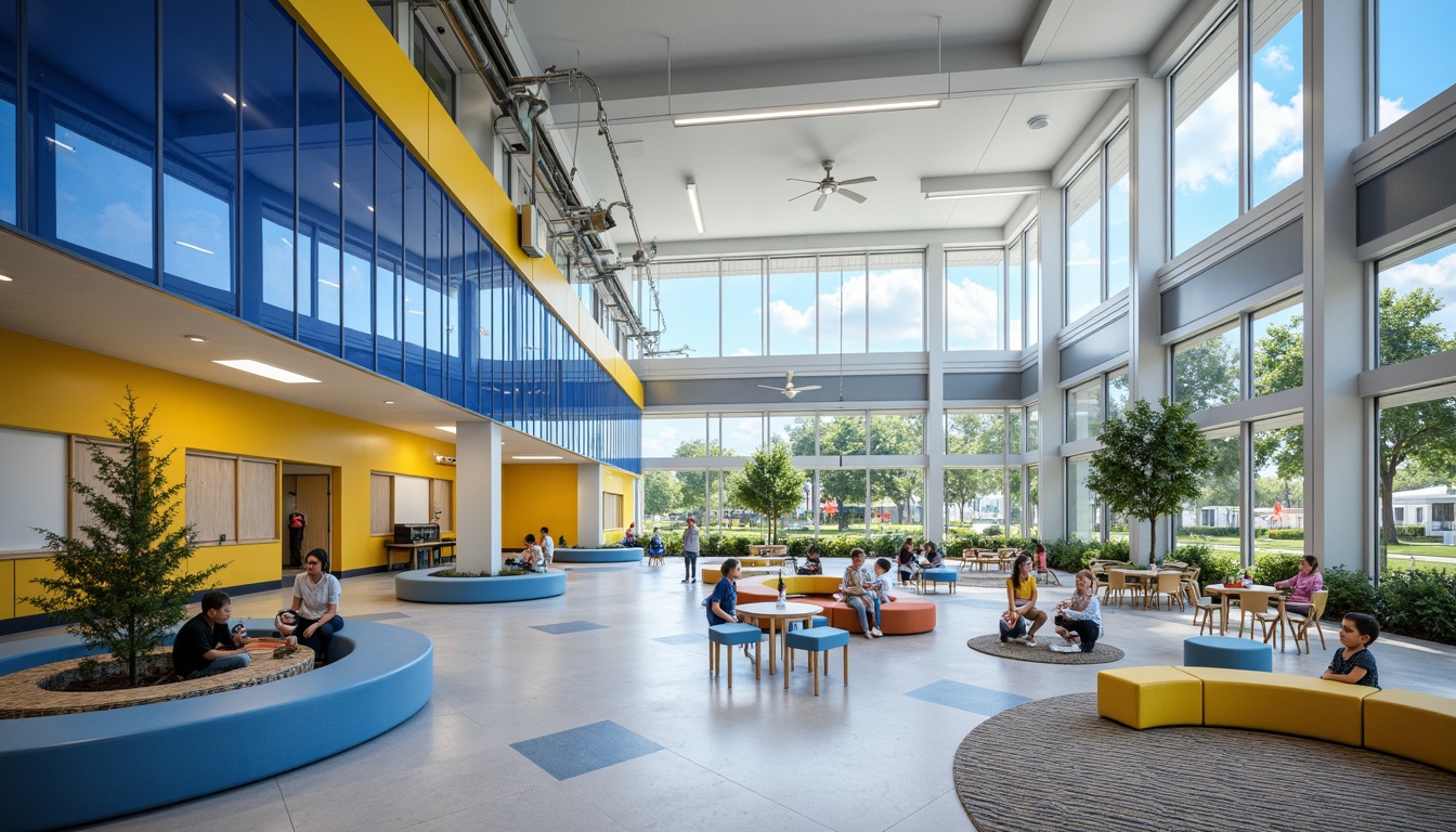 Prompt: Vibrant elementary school, modernist architecture, curved lines, minimal ornamentation, monochromatic color scheme, calming blue tones, energetic yellow accents, sleek glass fa\u00e7ades, polished chrome fixtures, industrial-style lighting, open-plan classrooms, collaborative learning spaces, ergonomic furniture, natural wood textures, geometric patterns, minimalist decor, abundant natural light, softbox lighting, shallow depth of field, 2/3 composition, realistic renderings, ambient occlusion.