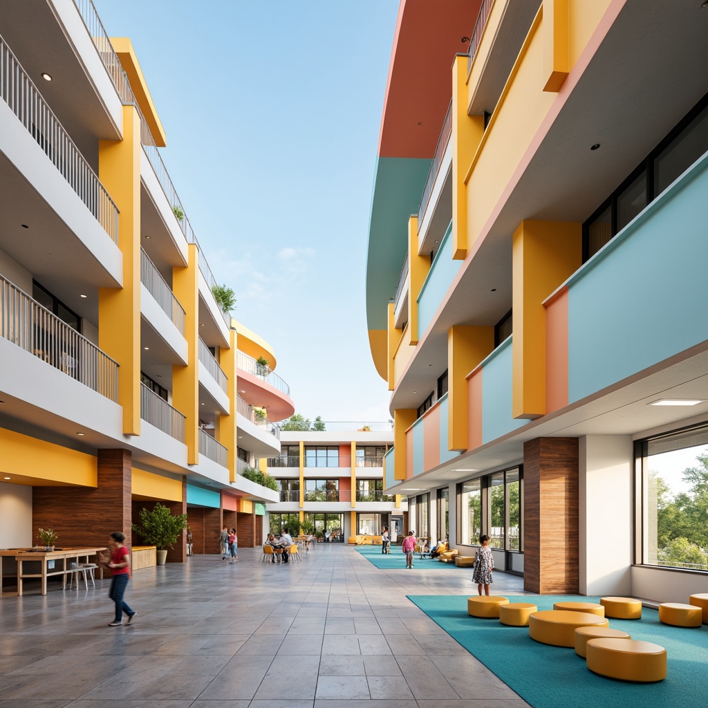 Prompt: Vibrant modern school building, curved lines, minimal ornamentation, bold color blocks, dynamic shapes, geometric patterns, bright white accents, rich wood tones, pastel hues, soft peach walls, calming blue ceilings, energetic yellow furniture, sleek metal railings, polished concrete floors, abundant natural light, airy open spaces, minimalist decor, functional design, efficient layout, collaborative learning areas, state-of-the-art technology integration, panoramic views, shallow depth of field, 3/4 composition, realistic textures, ambient occlusion.