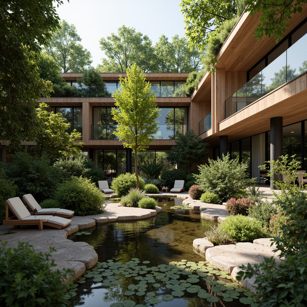 Prompt: Organic forms, botanical patterns, earthy tones, natural materials, reclaimed wood accents, living walls, green roofs, water features, Zen-inspired gardens, serene ambiance, soft diffused lighting, shallow depth of field, 1/2 composition, realistic textures, ambient occlusion.