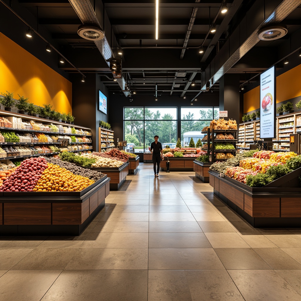 Prompt: Modern grocery store interior, sleek shelving units, fresh produce stands, vibrant color scheme, LED track lighting, suspended ceiling fixtures, polished chrome accents, energy-efficient lighting solutions, sensor-activated aisle lights, warm ambiance, high ceilings, open floor plan, natural stone flooring, ambient occlusion, 1/1 composition, shallow depth of field, softbox lighting, realistic reflections.