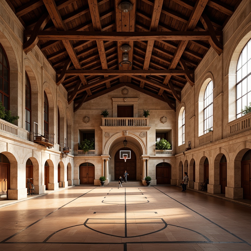 Prompt: Renaissance-style gymnasium, grand arches, ornate stonework, rusticated bases, classical columns, vaulted ceilings, glazed terracotta tiles, warm earthy tones, soft natural lighting, 1/1 composition, symmetrical fa\u00e7ade, imposing entrance, athletic equipment, wooden floors, basketball hoops, sports trophies, historic architectural details, subtle shadowing, ambient occlusion.