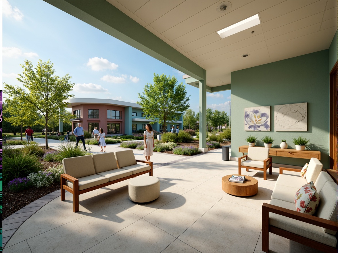 Prompt: Calming rehabilitation center, soothing color scheme, muted green walls, gentle blue accents, warm beige furniture, natural wood tones, comfortable seating areas, peaceful ambiance, abundant natural light, soft diffused lighting, minimal ornamentation, subtle texture patterns, calming artwork, serene outdoor spaces, lush greenery, vibrant flowers, accessible ramps, modern architecture, large windows, sliding glass doors, blooming trees, sunny day, shallow depth of field, 3/4 composition, realistic textures, ambient occlusion.