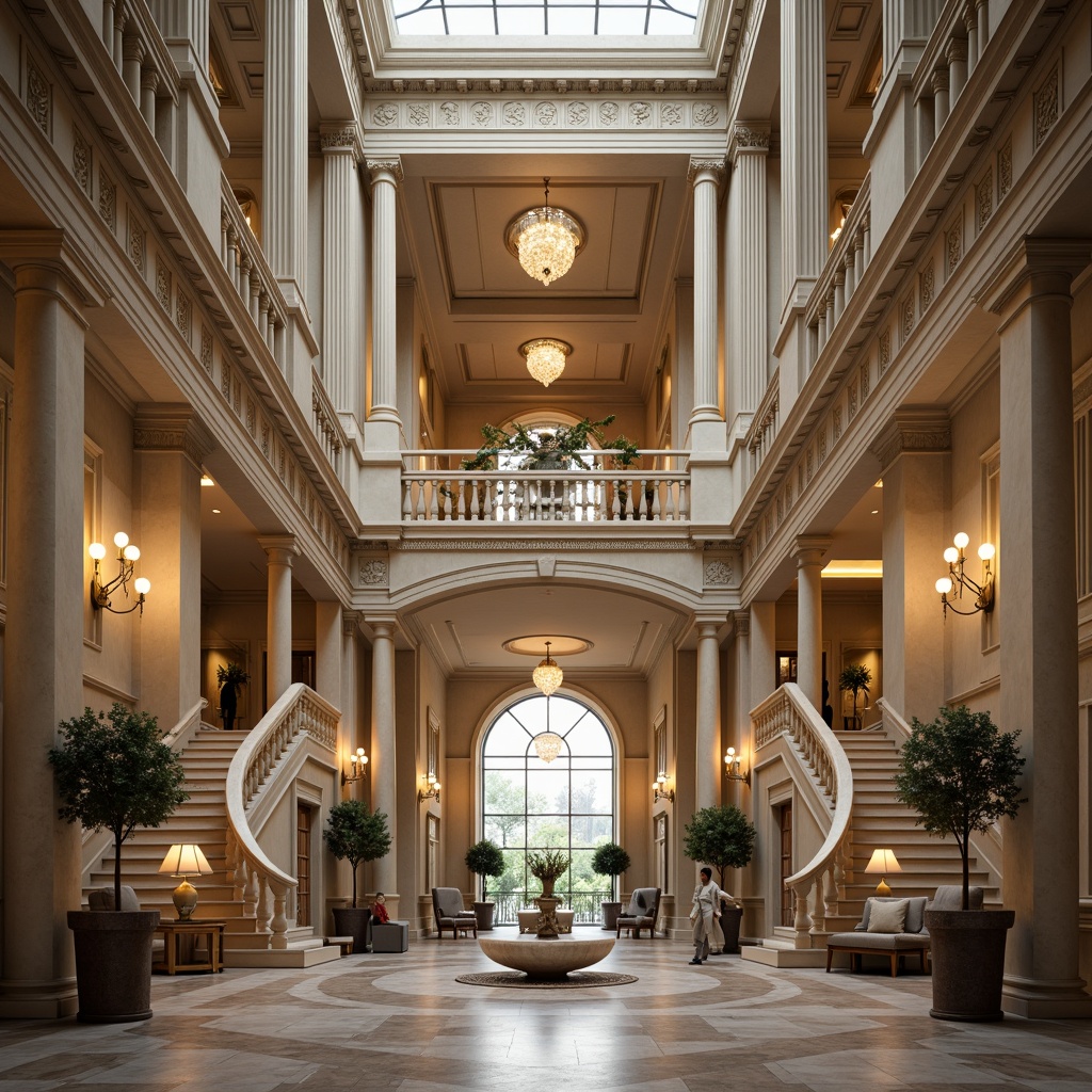 Prompt: Elegant neoclassical building, symmetrical facade, balanced proportions, ornate details, Corinthian columns, grand entrance, sweeping staircase, high ceilings, marble floors, crystal chandeliers, stately rooms, luxurious furnishings, soft natural lighting, 1/2 composition, subtle textures, ambient shadows, warm color palette, refined architectural elements, intricate moldings, decorative pediments.