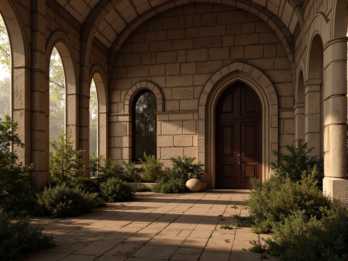 Prompt: Rustic stone walls, rounded arches, barrel vaulted ceilings, ornate carvings, grand entranceways, sturdy columns, intricate capitals, weathered facades, ornamental doorways, stained glass windows, heavy wooden doors, ancient ruins, overgrown vegetation, warm golden lighting, soft misty atmosphere, 1/2 composition, low-angle view, rich textures, ambient occlusion.