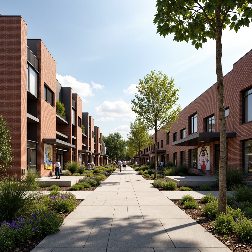 Prompt: Brick-clad community center, earthy tone facades, large windows, metal canopies, modern structuralism style, angular lines, geometric patterns, vibrant murals, public art installations, pedestrian-friendly walkways, lush greenery, urban trees, sunny day, soft warm lighting, shallow depth of field, 3/4 composition, panoramic view, realistic textures, ambient occlusion.