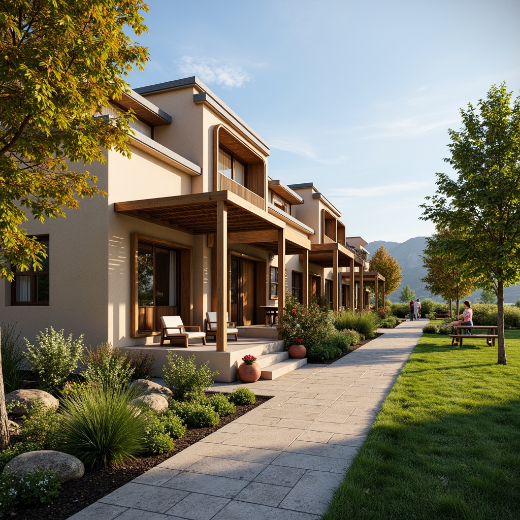 Prompt: Warm beige exterior walls, rustic wooden accents, soft gray rooftops, lush green lawns, blooming flowerbeds, natural stone pathways, cozy front porches, inviting outdoor seating areas, earthy terracotta planters, sunny afternoon lighting, shallow depth of field, 1/1 composition, serene suburban neighborhood, tranquil atmosphere, realistic textures, ambient occlusion.