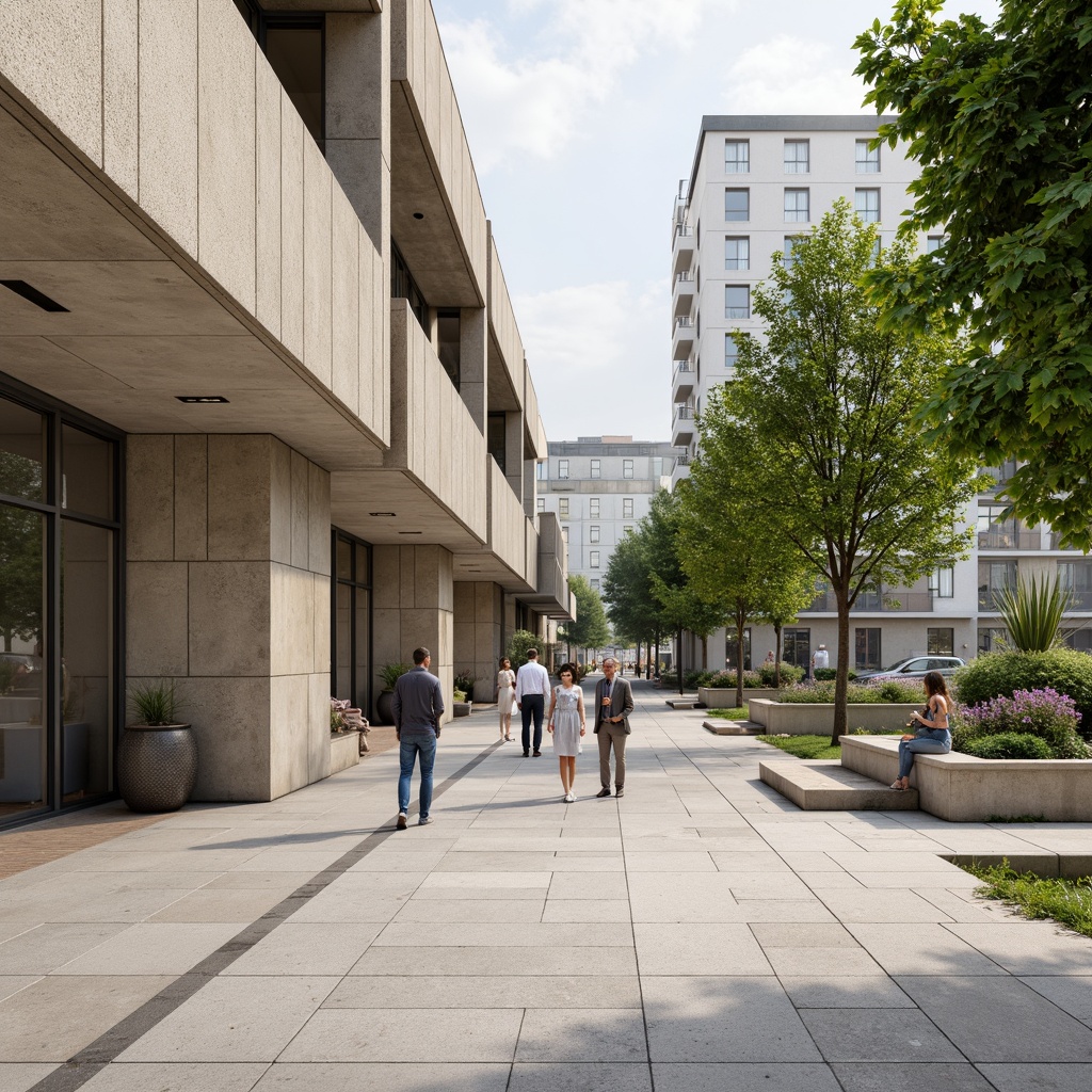 Prompt: Urban public space, minimalist facade design, clean lines, simple shapes, industrial materials, exposed concrete, steel beams, large windows, natural light, subtle textures, neutral color palette, beige tones, greenery accents, geometric patterns, metallic details, modern urban atmosphere, shallow depth of field, 1/1 composition, realistic rendering, ambient occlusion.