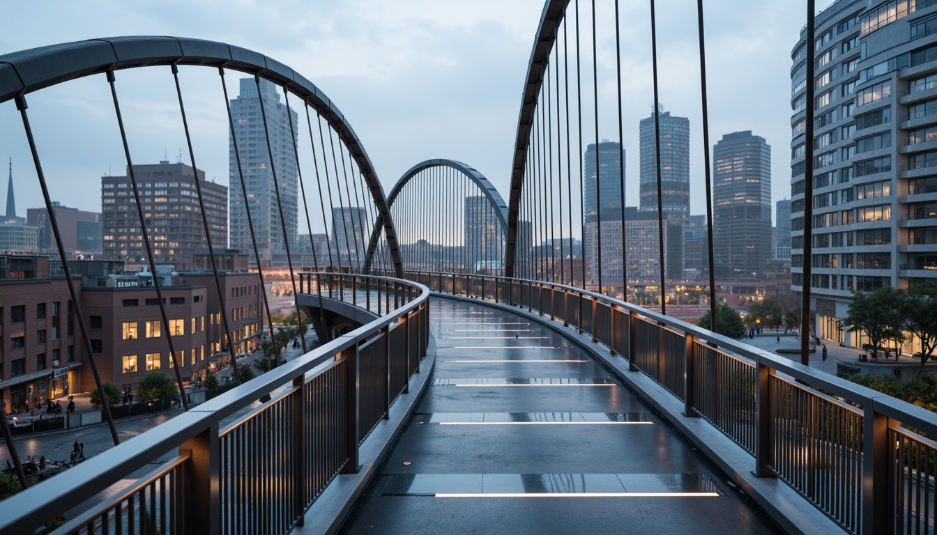 Prompt: Curved pedestrian bridge, sleek metal railings, glass floors, LED lighting, urban cityscape, modern architecture, innovative truss system, suspension cables, cantilevered sections, dynamic shapes, abstract patterns, futuristic aesthetic, misty morning, soft warm lighting, shallow depth of field, 3/4 composition, panoramic view, realistic textures, ambient occlusion.