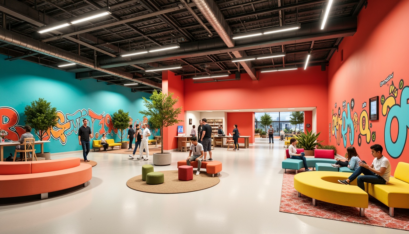 Prompt: Vibrant youth center, energetic atmosphere, bold color scheme, bright coral walls, turquoise accents, sunny yellow furniture, creamy white floors, modern minimalist decor, urban graffiti-inspired murals, eclectic patterned rugs, industrial metal beams, exposed ductwork, flexible open spaces, collaborative learning areas, cozy reading nooks, natural wood tones, warm LED lighting, shallow depth of field, 1/1 composition, soft focus effect.