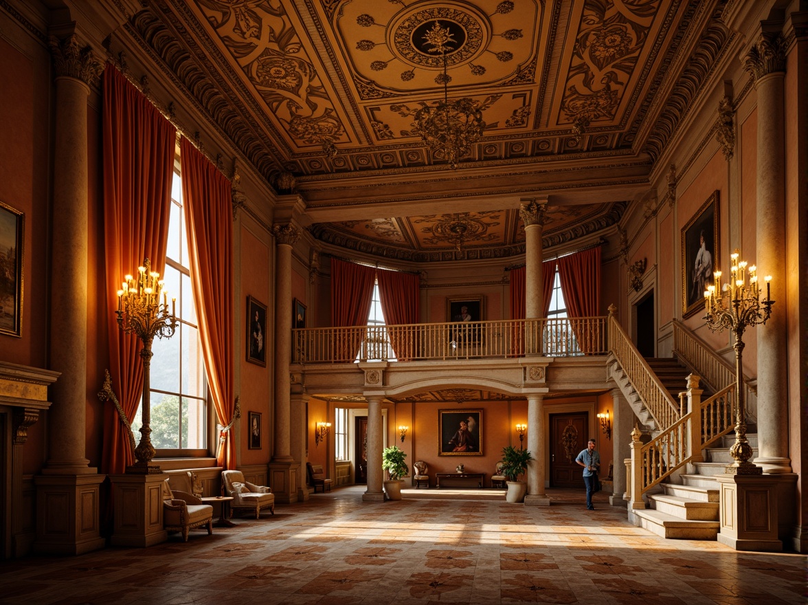 Prompt: Warm Sienna-toned grand palace, ornate Baroque architecture, intricate stone carvings, gilded decorations, sweeping staircases, lavish chandeliers, rich velvet drapes, golden accents, warm candlelight, soft focus, shallow depth of field, 1/1 composition, realistic textures, ambient occlusion.