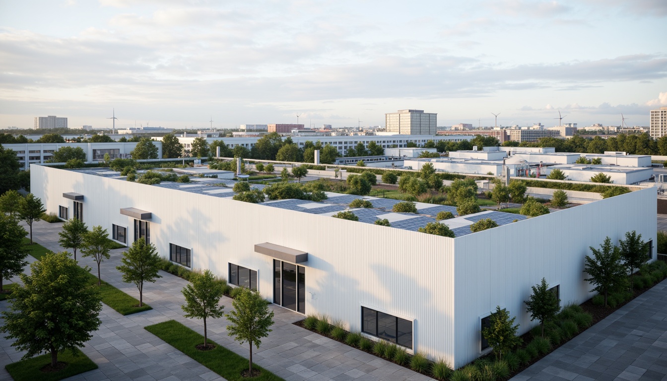 Prompt: Modern distribution center, minimalist fa\u00e7ade design, clean lines, simple shapes, industrial materials, exposed ductwork, polished concrete floors, neutral color palette, abundant natural light, clerestory windows, vertical green walls, living roofs, solar panels, wind turbines, sustainable energy solutions, urban landscape, cityscape views, subtle texture overlays, atmospheric lighting, shallow depth of field, 2/3 composition, realistic reflections, ambient occlusion.